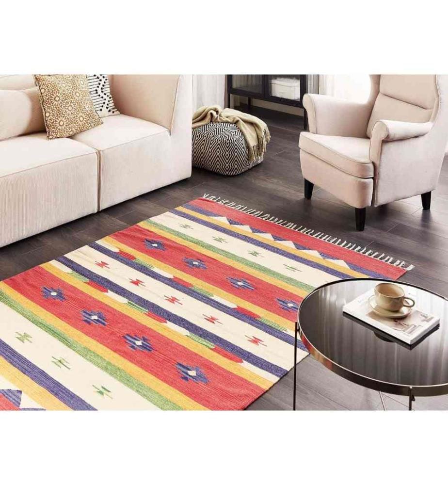 Kelim-Teppich Mehrfarbig Baumwolle 140 x 200 cm mit Fransen Geometrischem Muster Handgewebt Zweiseitig Modern Boho Wohnzimmer Schlafzimmer