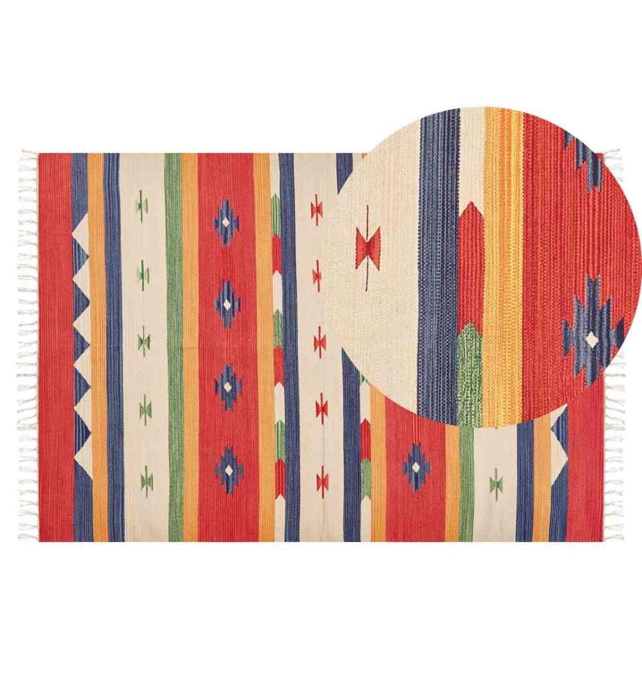 Kelim-Teppich Mehrfarbig Baumwolle 140 x 200 cm mit Fransen Geometrischem Muster Handgewebt Zweiseitig Modern Boho Wohnzimmer Schlafzimmer
