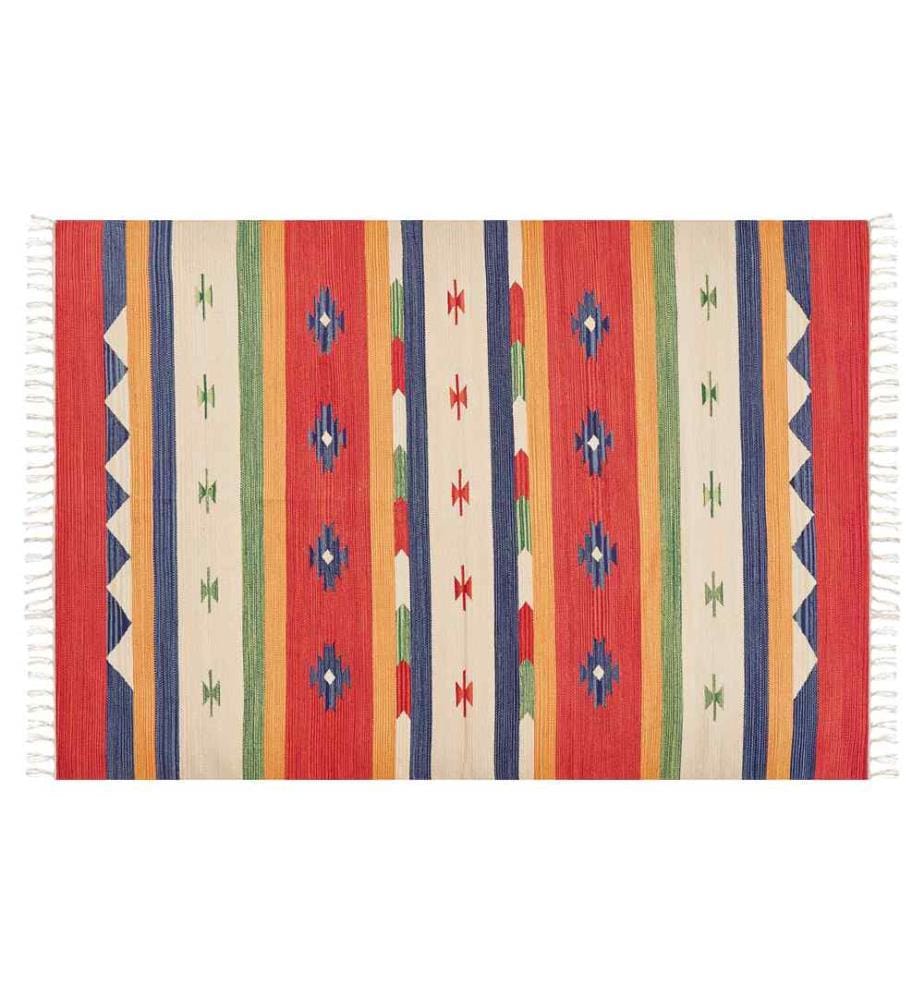 Kelim-Teppich Mehrfarbig Baumwolle 140 x 200 cm mit Fransen Geometrischem Muster Handgewebt Zweiseitig Modern Boho Wohnzimmer Schlafzimmer