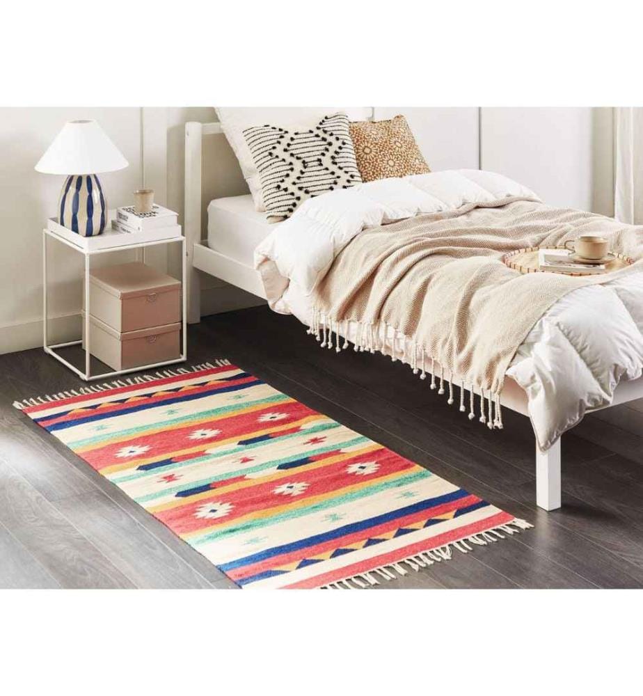 Kelim-Teppich Mehrfarbig Baumwolle 80 x 150 cm mit Fransen Geometrischem Muster Handgewebt Zweiseitig Läufer Modern Wohnzimmer Schlafzimmer