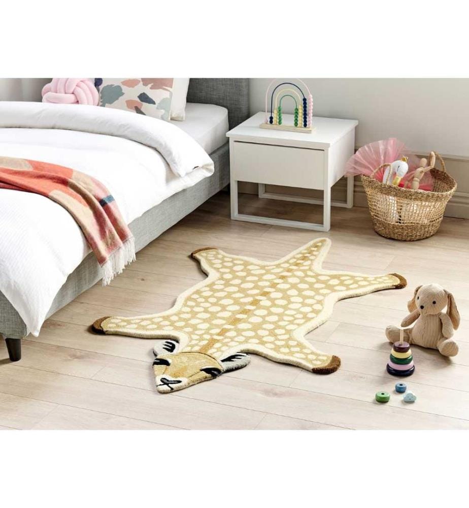 Teppich Beige und Braun Wolle Tiermotiv 100 x 160 cm Rehkiz Design Handgetuftet Modern Kurzhaar Kinderzimmer Schlafzimmer Deko Accessoires