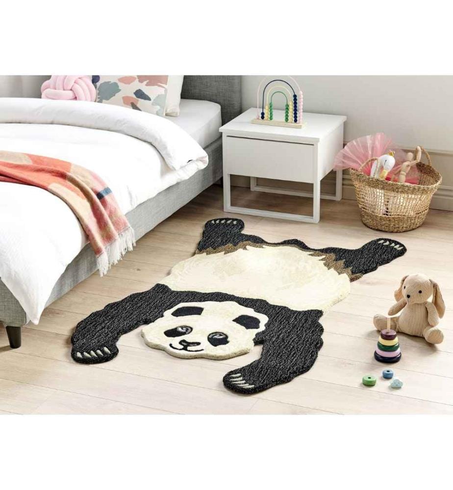 Teppich Schwarz und Weiss Wolle Tiermotiv 100 x 160 cm Panda Design Handgetuftet Modern Kurzhaar Kinderzimmer Schlafzimmer Deko Accessoires
