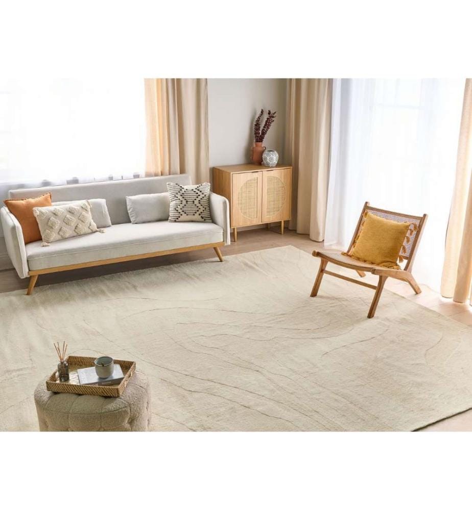 Tapis en laine beige 300 x 400 cm pour le salon et la chambre à coucher avec motif abstrait à poils ras