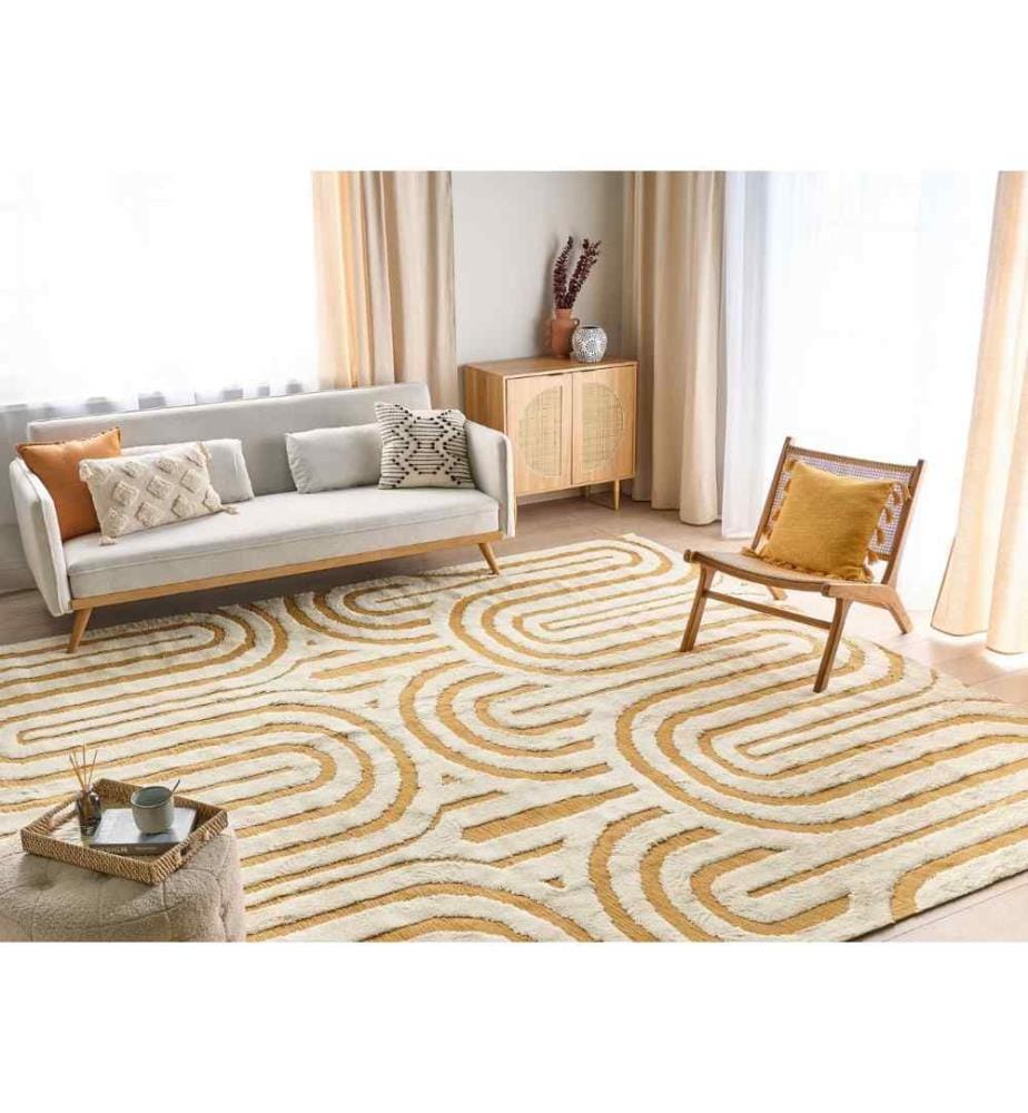 Tapis moderne en coton avec motif abstrait à poils ras blanc cassé et jaune 300 x 400 cm tapis de salon chambre à coucher