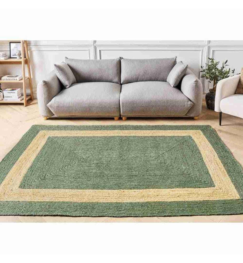 Tapis Vert et Beige Jute Rectangulaire 160x230 cm Motif géométrique Fait main Boho Moderne Poil court pour chauffage au sol Salon