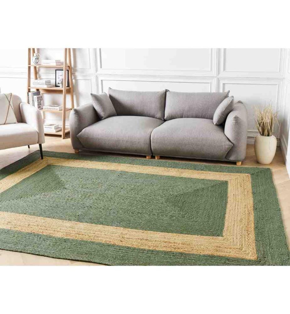 Teppich Grün und Beige Jute Rechteckig 200x300 cm Geometriches Muster Handgemacht Boho Modern Kurzhaar für Fussbodenheizung Wohnzimmer