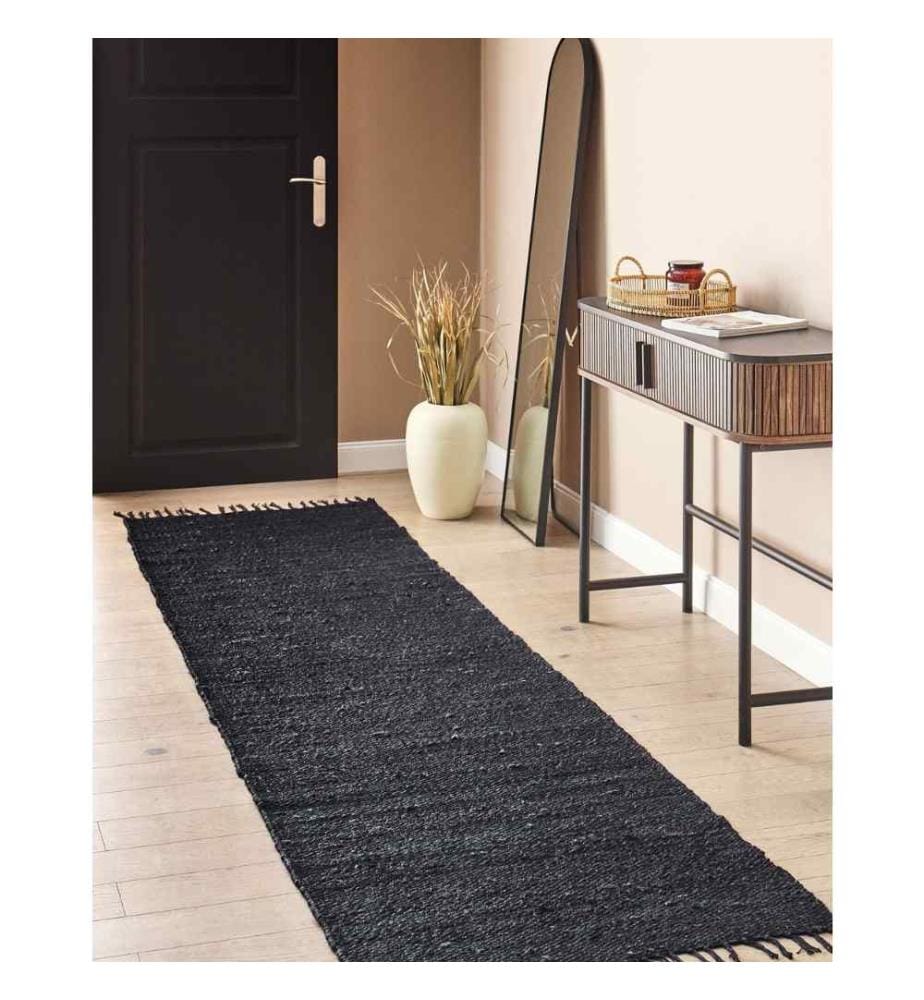 Teppich Schwarz Jute und Baumwolle Rechteckig 80 x 300 cm mit Fransen Handgewebt Boho Kurzhaar Kurzflor Läufer Flur Diele für Fussbodenheizung
