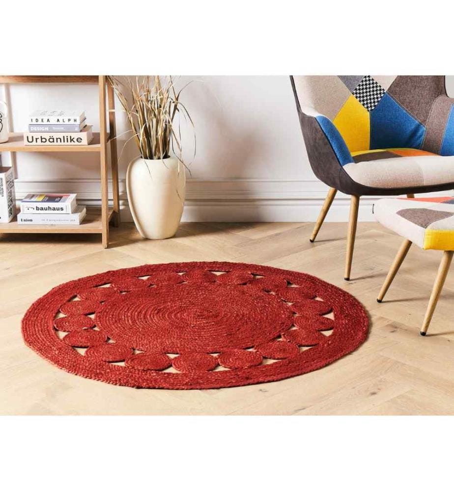 Tapis rond rouge en jute tissé à la main Boho ø 120 cm salon chambre à coucher