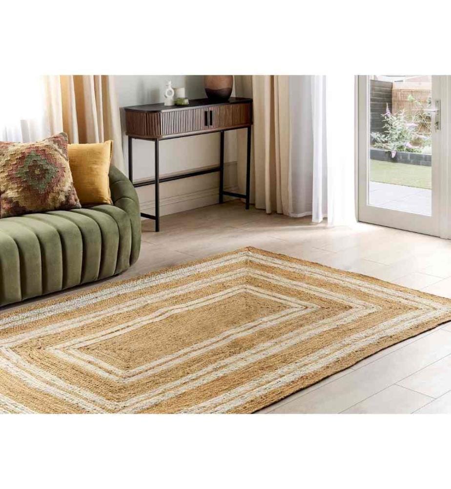 Teppich Beige Jute Rechteckig 160x230 cm Kurzflor mit Geometrischem Muster Handgewebt Geflochten Boho für Fussbodenheizung Wohnzimmer Esszimmer