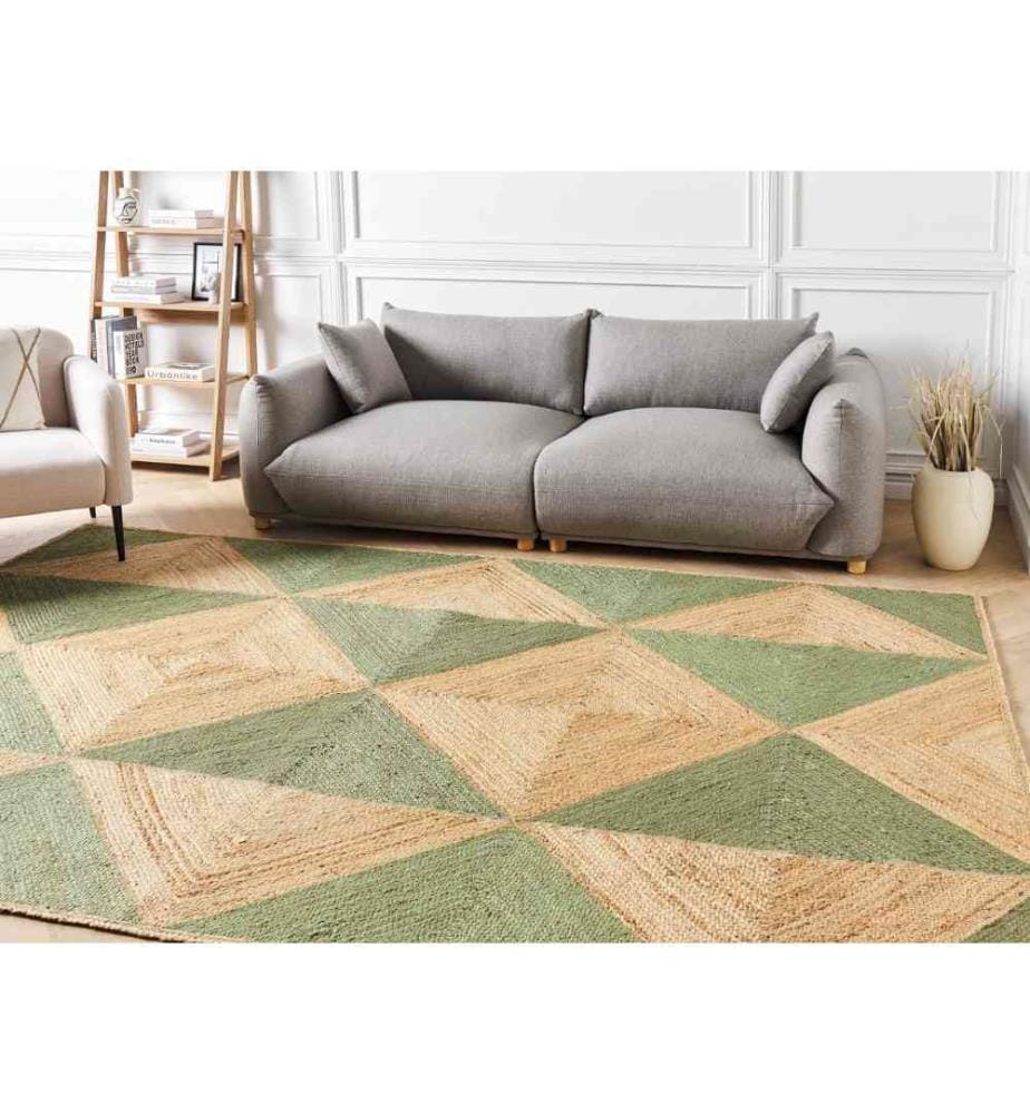 Teppich Beige und Grün Jute Rechteckig 200x300 cm Kurzflor mit Geometrischem Muster Handgewebt Geflochten Boho für Fussbodenheizung Wohnzimmer