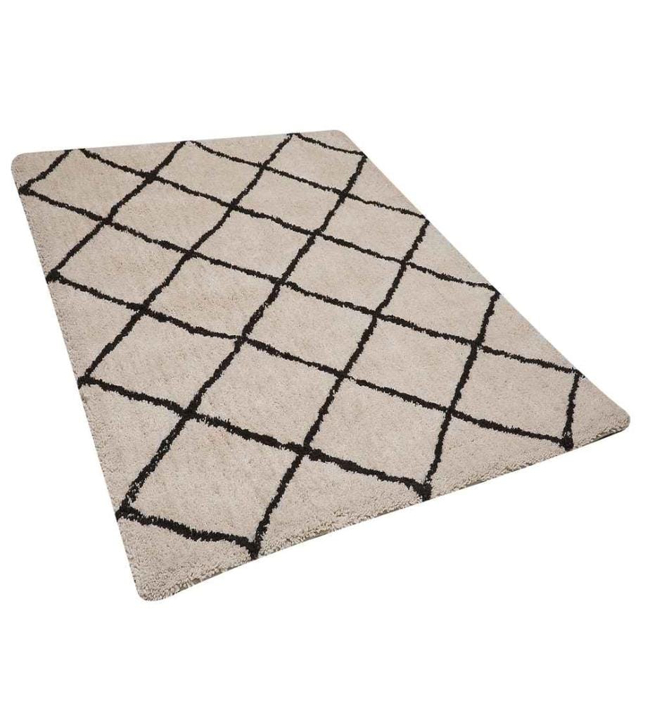 Tapis Rectangulaire Beige et Noir en Polyester Poil Long pour Chambre ou Salon au Style Moderne 160 x 230 cm