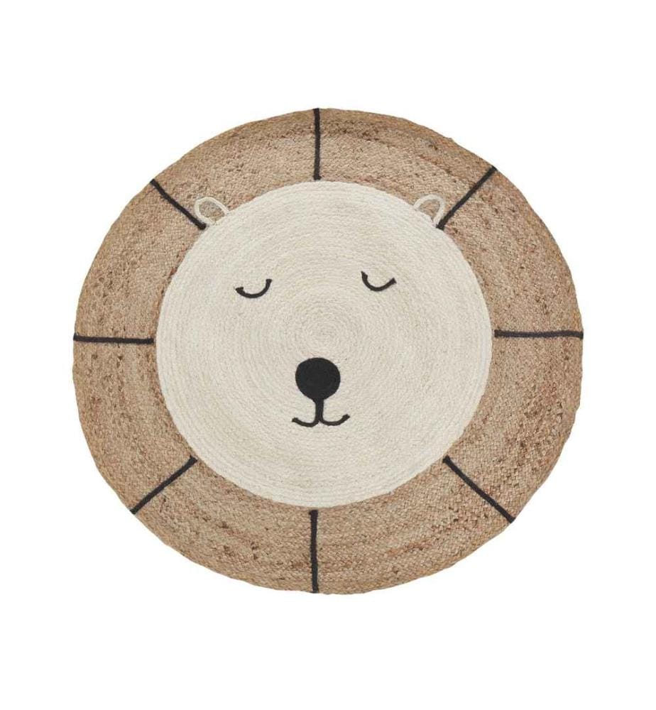 Tapis de Sol Rond Beige en Jute Décoratif 120 cm Motif Ours Chambres Enfants