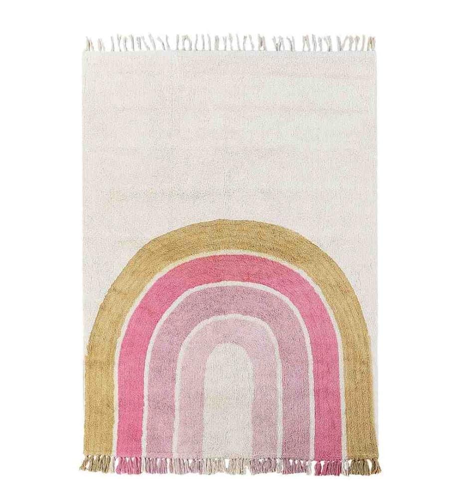 Kinderteppich Beige u. Rosa Baumwolle 140 x 200 cm mit Regenbogen Muster Fransen Boho Modernes Design Kinderzimmer Spielteppich Baumwollteppich