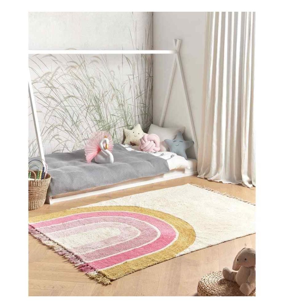 Kinderteppich Beige u. Rosa Baumwolle 140 x 200 cm mit Regenbogen Muster Fransen Boho Modernes Design Kinderzimmer Spielteppich Baumwollteppich