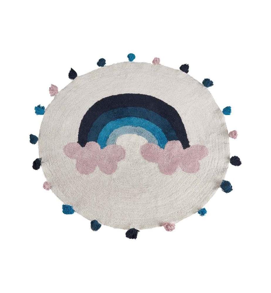 Tapis Multicolore en Coton ø 120 cm Rond Tissé à la Main avec Pompons Style Moderne Salon Chambre Enfant