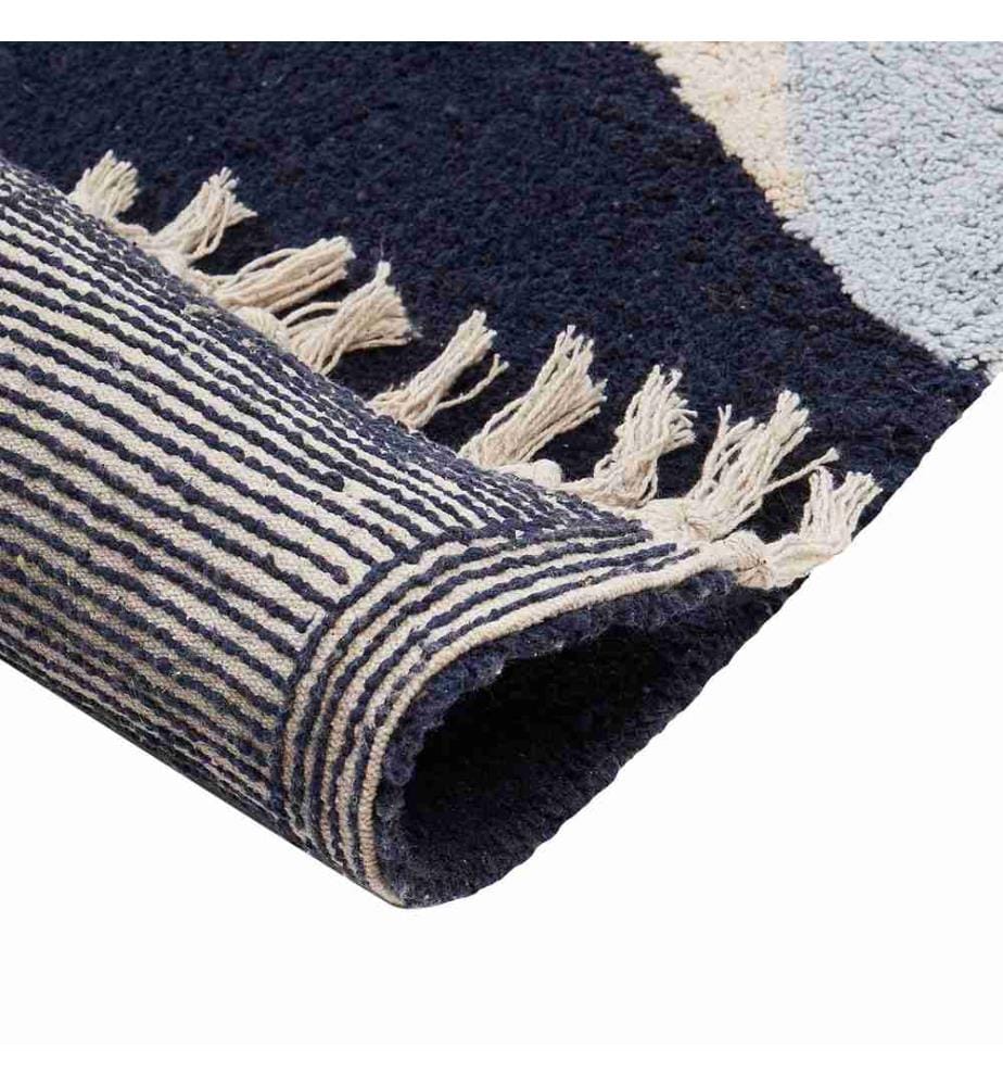 Teppich Blau Baumwolle Abstraktes Muster 140 x 200 cm Niedrigflor Fransen Rechteckig Wohnzimmer Schlafzimmer