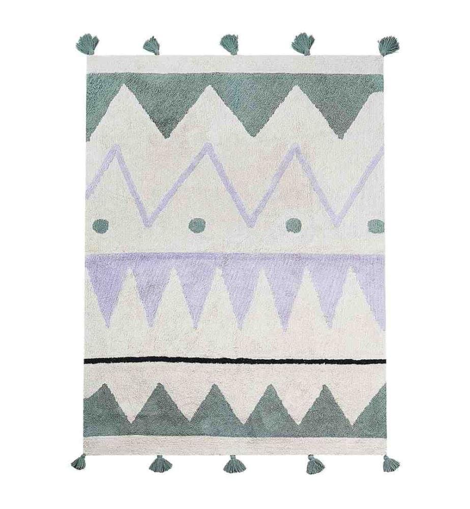 Tapis Multicolore en Coton Motif Abstrait 140 x 200 cm Rectangulaire Poils Ras avec Pompons pour Chambre Enfant