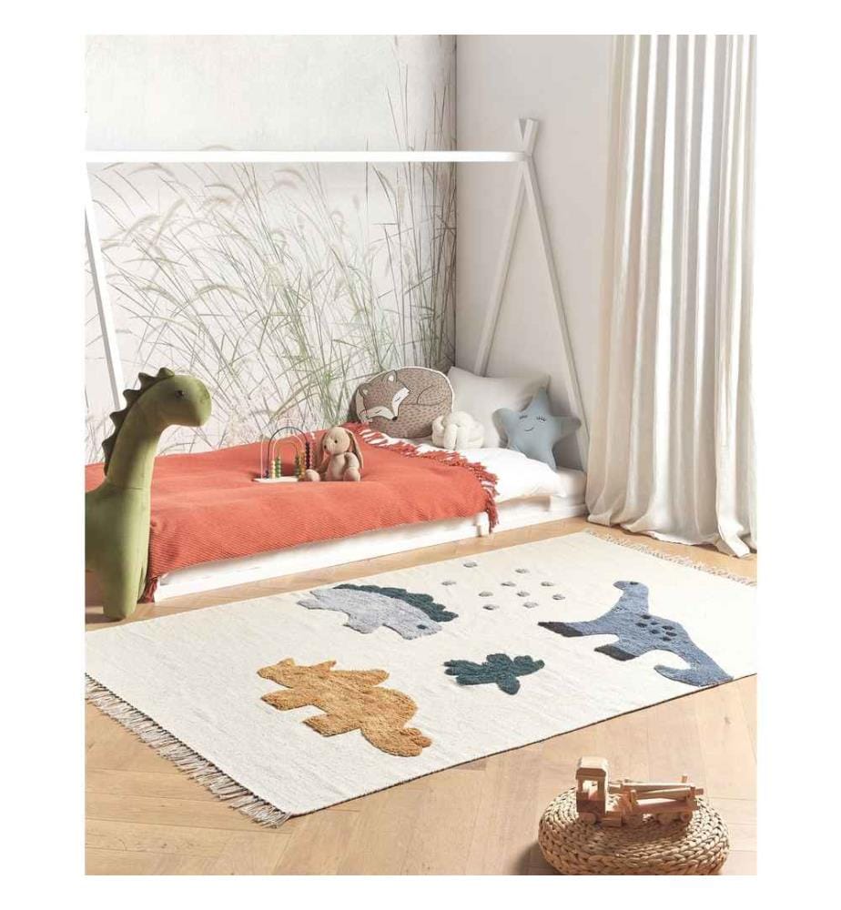 Beigefarbener Baumwollteppich 140 x 200 cm Dinosaurier-Motiv mit dekorativen Fransen Kinderzimmer Spielteppich