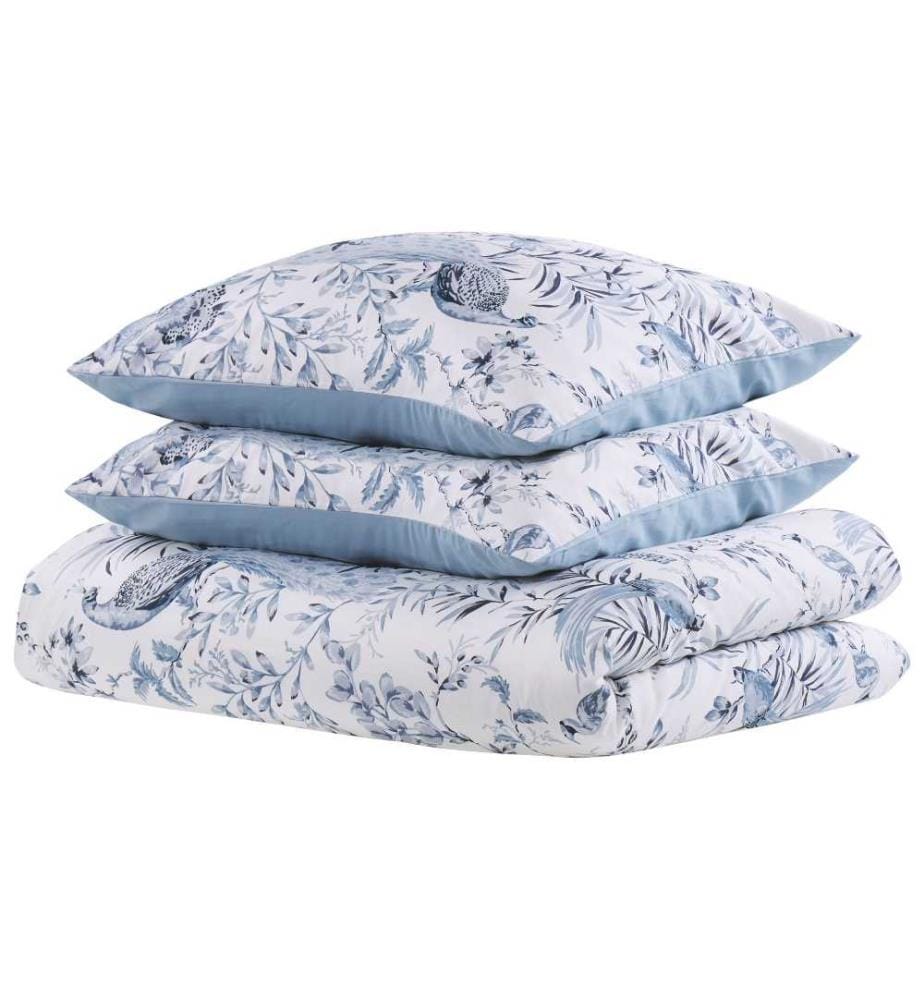Ensemble Housse de Couette et Taies d Oreiller Fleurie en Coton Bleu et Blanche 155 x 220 cm Pour Chambre d'Adulte
