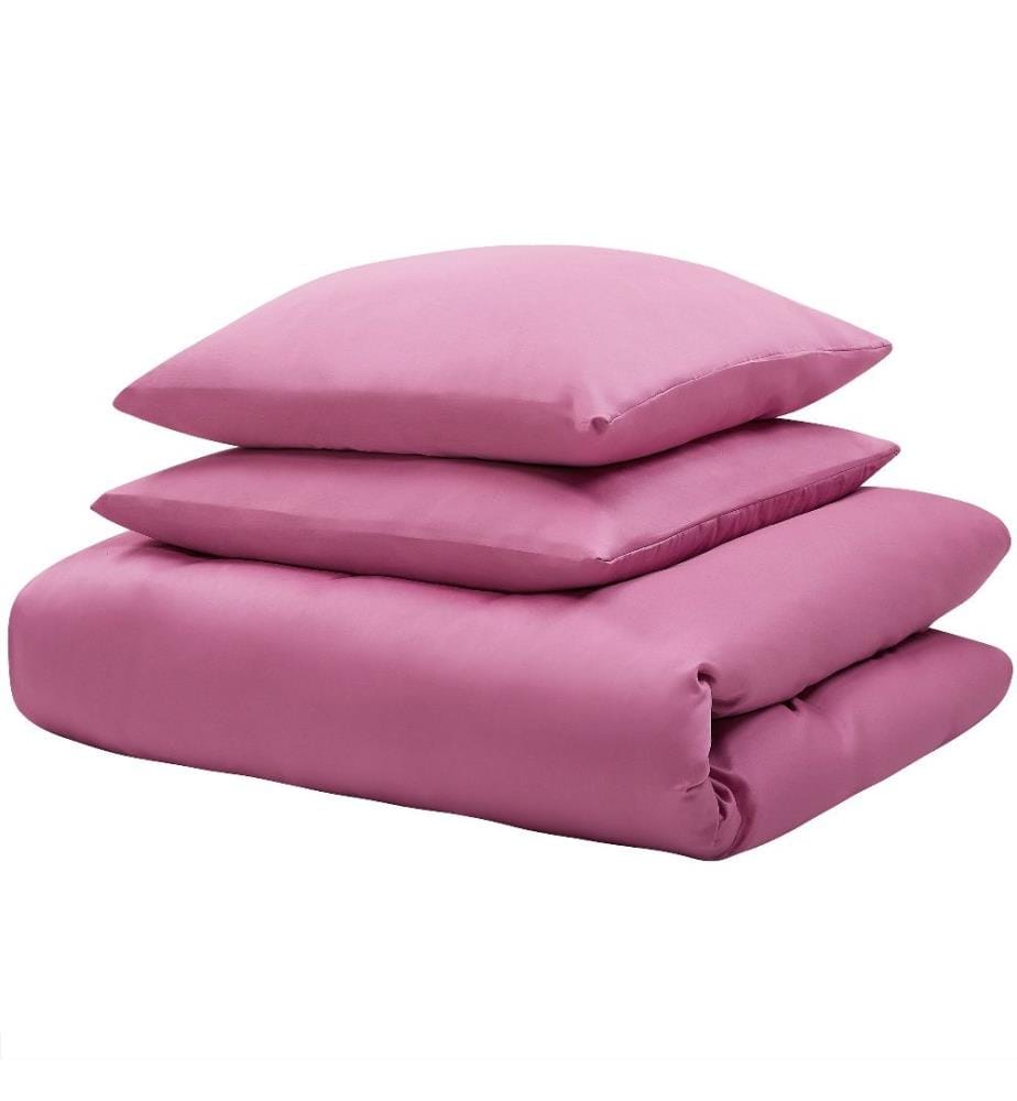 Bettwäsche Set Rosa einfarbig Baumwolle 3-teilig Komfortgrösse für Einzelbett 155x220 cm 2 Kopfkissenbezüge und Deckenbezug mit Knopfverschluss