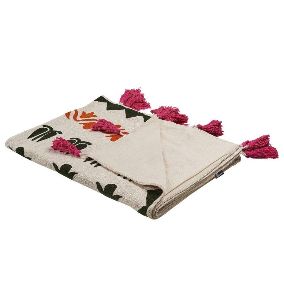 Couverture Multicolore en Coton 130 x 180 cm Faite à la Main Jeté de lit Cosy Motif floral avec Pompons