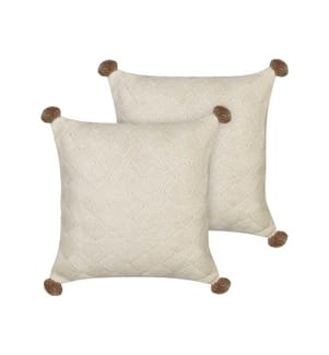 Dekokissen 2er Set Beige aus Baumwolle 45 x 45 cm Quadratisch mit Flechtmuster Pompons Modern Deko Sofa Sessel Bett Wohnzimmer Schlafzimmer