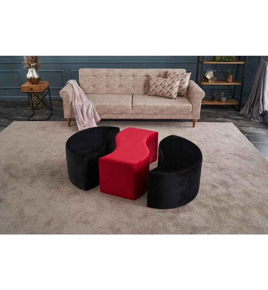 Pouffe, Black, Red, Polyester & Velvet, Wooden Body