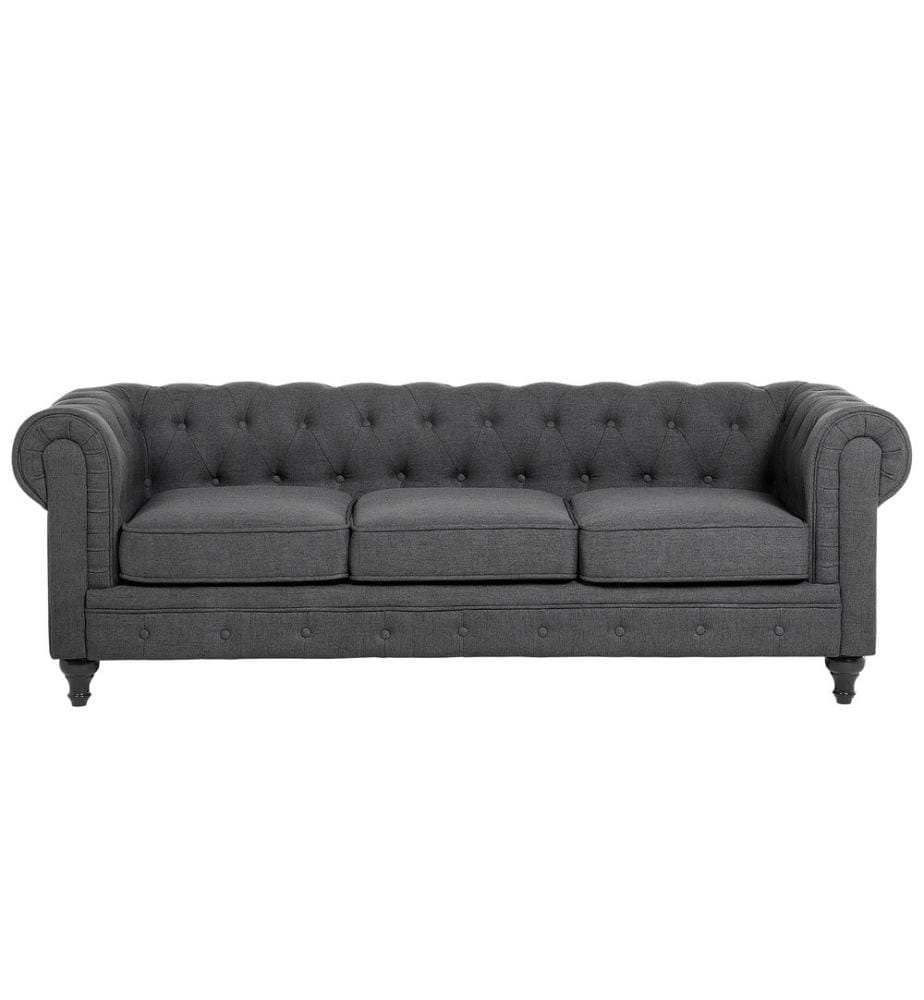 Canapé Chesterfield 3 Places Tapissé en Tissu Gris avec Dossier Capitonné Idéal pour un Salon Vintage et Glamour