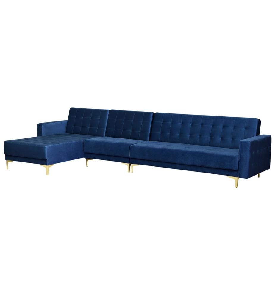 Canapé d'Angle Convertible et Modulable Côté Droit en Velours Bleu Foncé avec Fonction Lit pour Salon Moderne