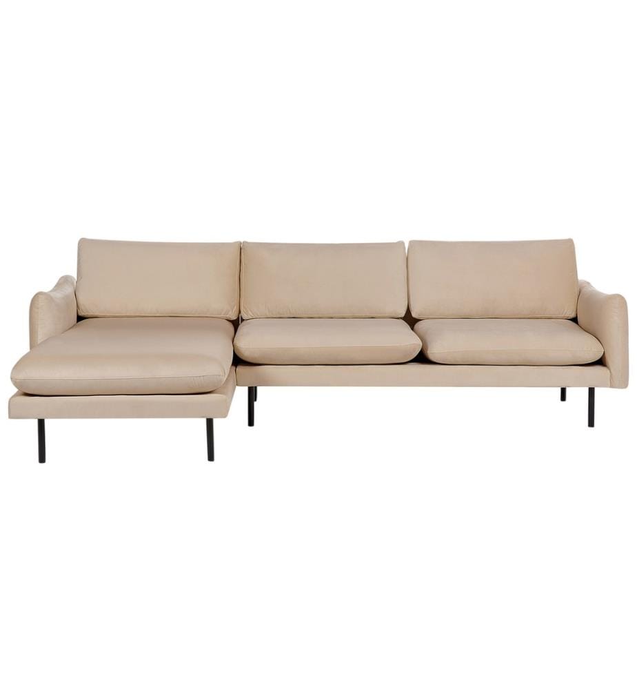 4-Sitzer Ecksofa Beige Samt L-Förmig mit Chaiselongue Hohe Schwarze Metallfüsse Dicke Sitzkissen Schmale Armlehnen Lose Rücken- & Sitzkissen