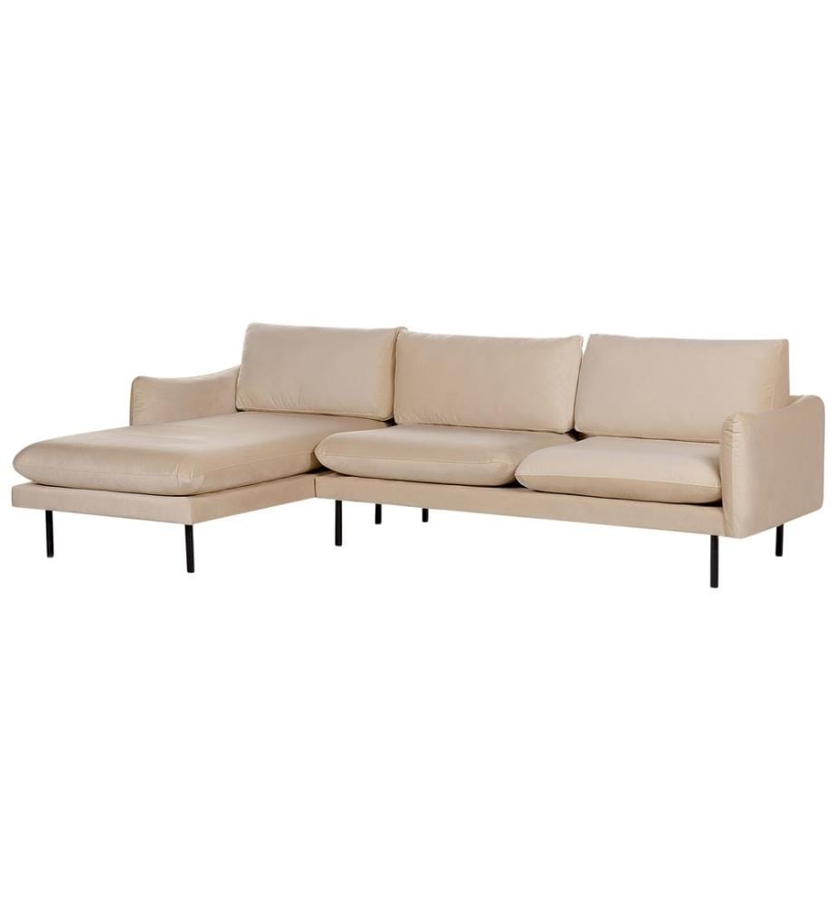 4-Sitzer Ecksofa Beige Samt L-Förmig mit Chaiselongue Hohe Schwarze Metallfüsse Dicke Sitzkissen Schmale Armlehnen Lose Rücken- & Sitzkissen