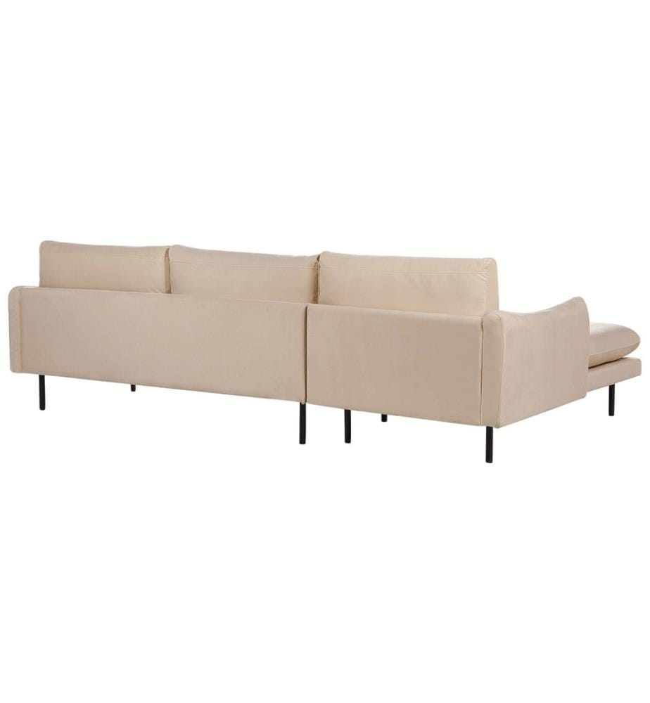 4-Sitzer Ecksofa Beige Samt L-Förmig mit Chaiselongue Hohe Schwarze Metallfüsse Dicke Sitzkissen Schmale Armlehnen Lose Rücken- & Sitzkissen