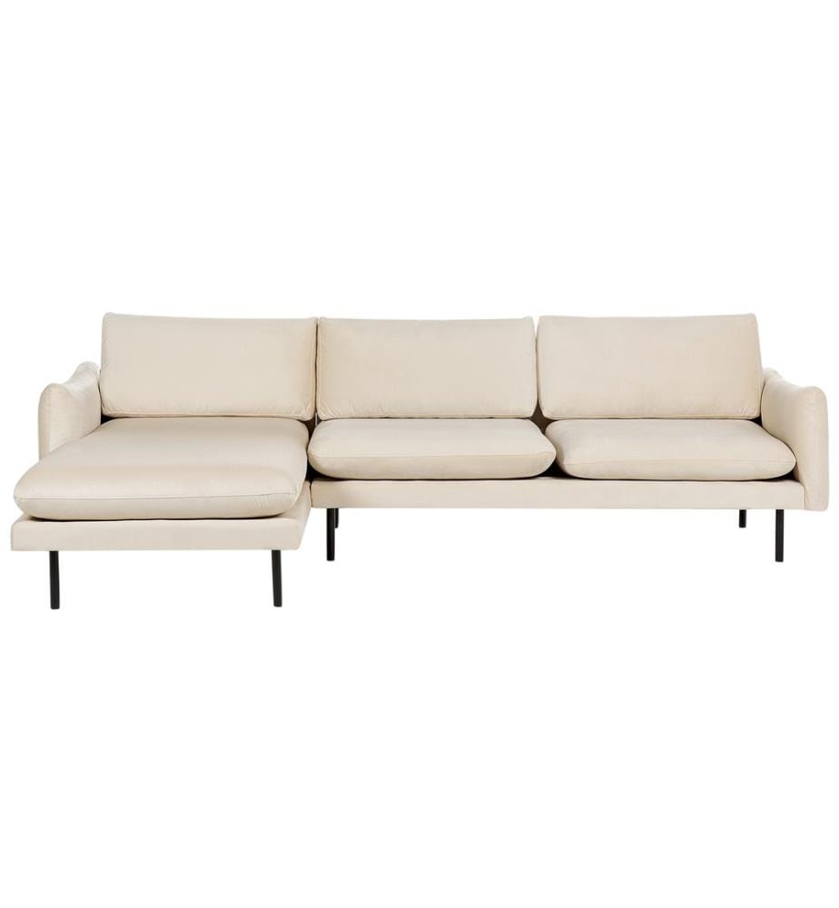 4-Sitzer Ecksofa Hellbeige Samt L-Form mit Chaiselongue Hohe Schwarze Metallfüsse Dicke Sitzkissen Schmale Armlehnen Lose Rücken- & Sitzkissen