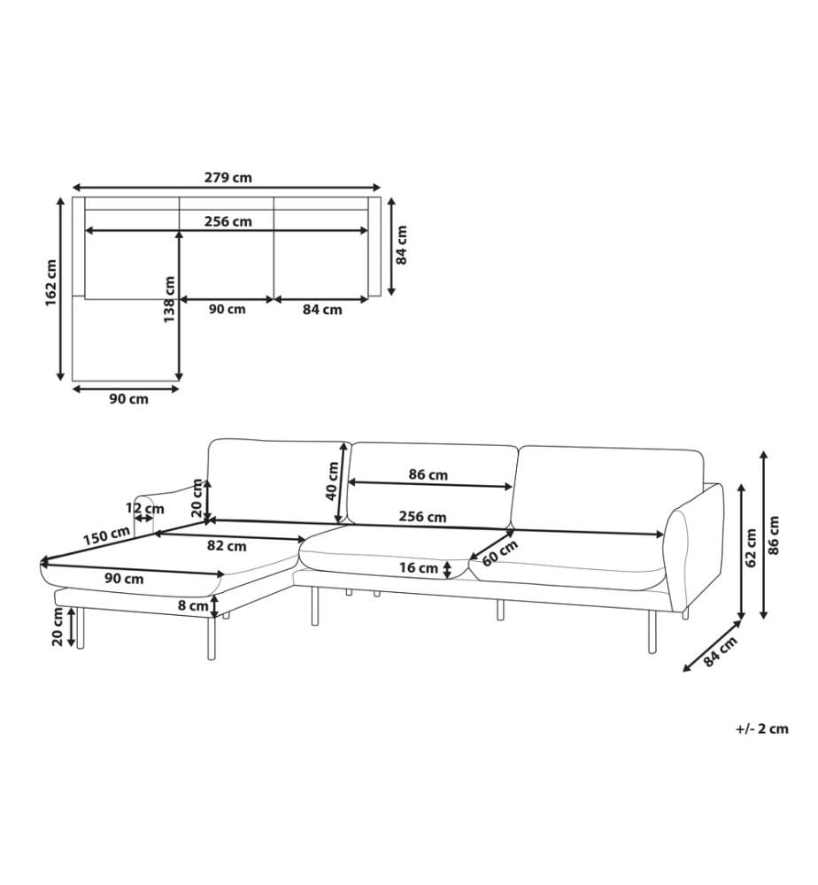 4-Sitzer Ecksofa Hellbeige Samt L-Form mit Chaiselongue Hohe Schwarze Metallfüsse Dicke Sitzkissen Schmale Armlehnen Lose Rücken- & Sitzkissen