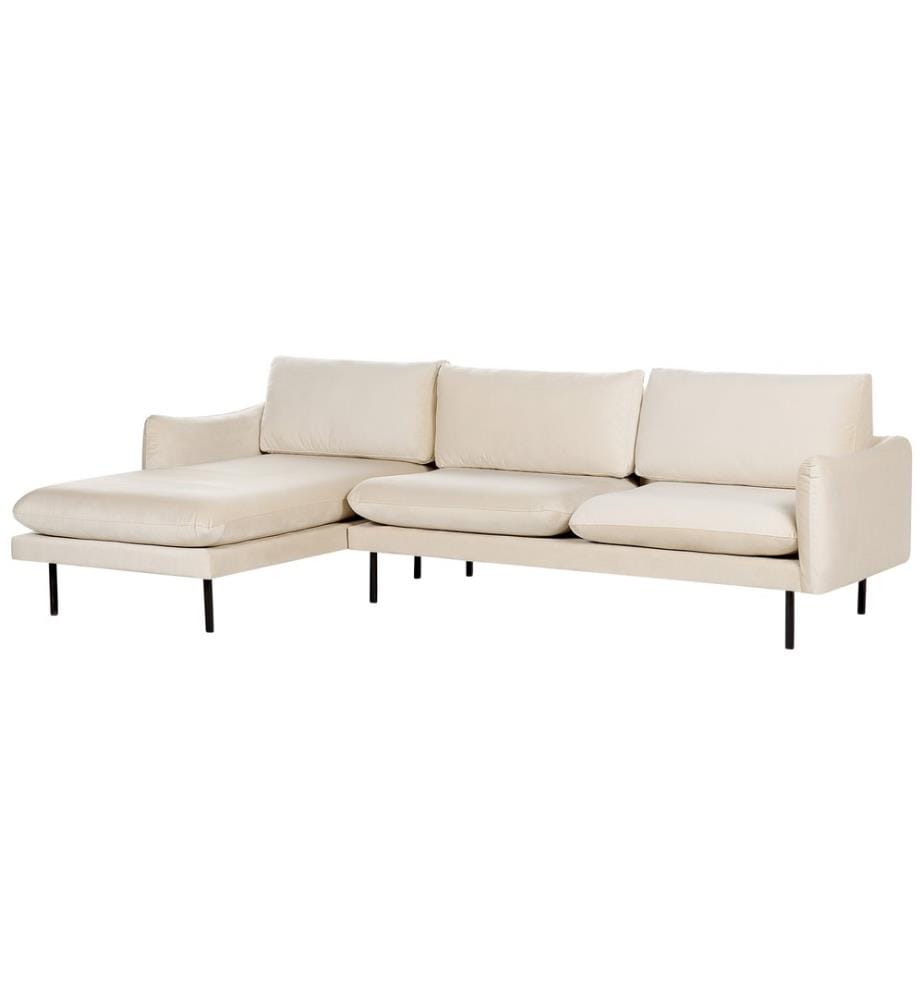 4-Sitzer Ecksofa Hellbeige Samt L-Form mit Chaiselongue Hohe Schwarze Metallfüsse Dicke Sitzkissen Schmale Armlehnen Lose Rücken- & Sitzkissen