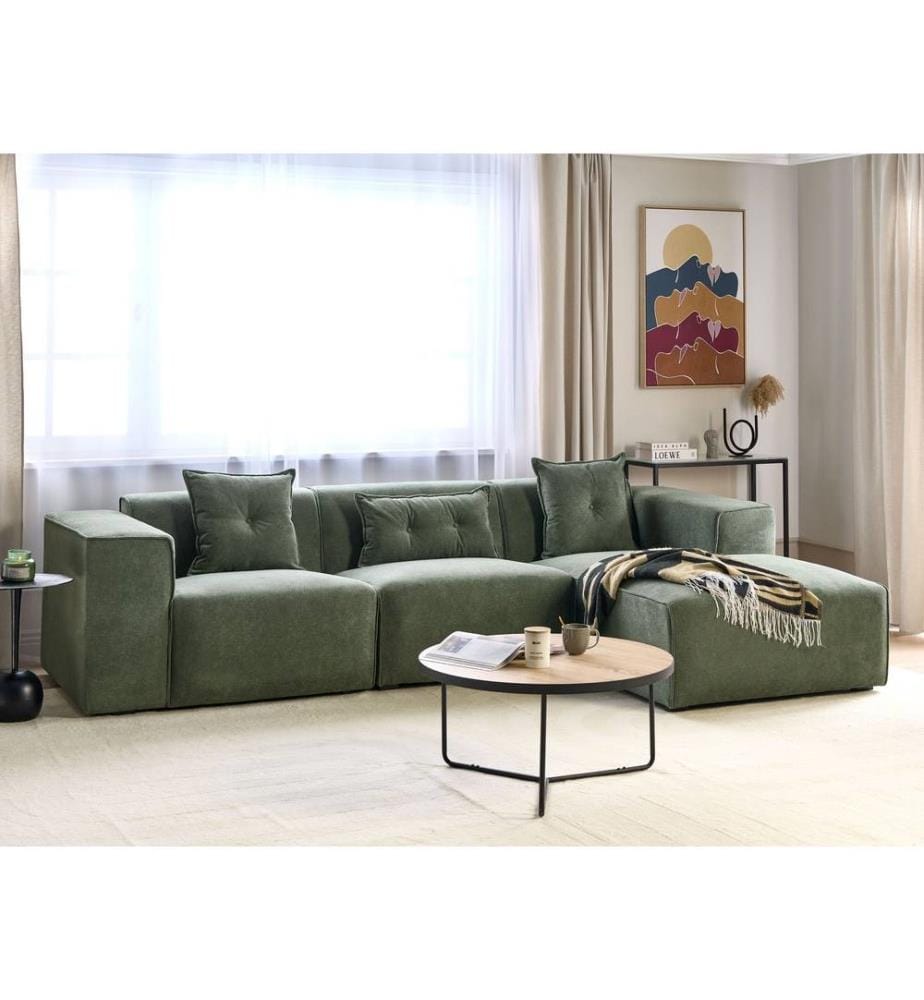 Canapé d'Angle 3 Places Vert Foncé en Tissu Chenille avec Coussins Confortable Meuble Chambre Moderne
