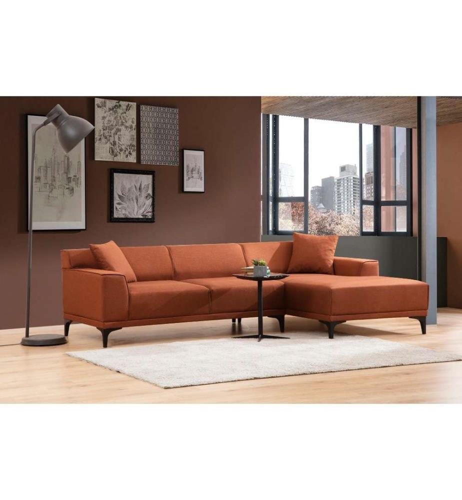Canapé d'angle, orange, bois de hêtre - cadre en aggloméré, tissu polyester