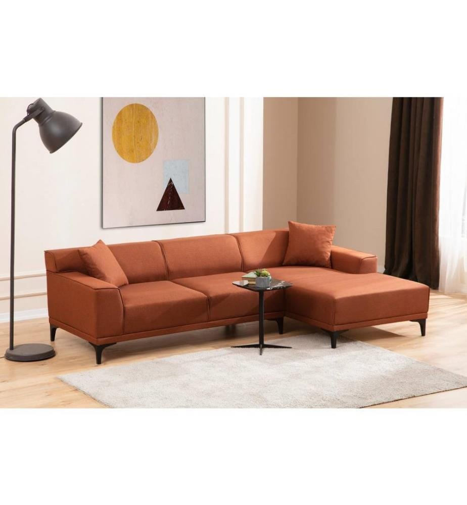 Canapé d'angle, orange, bois de hêtre - cadre en aggloméré, tissu polyester