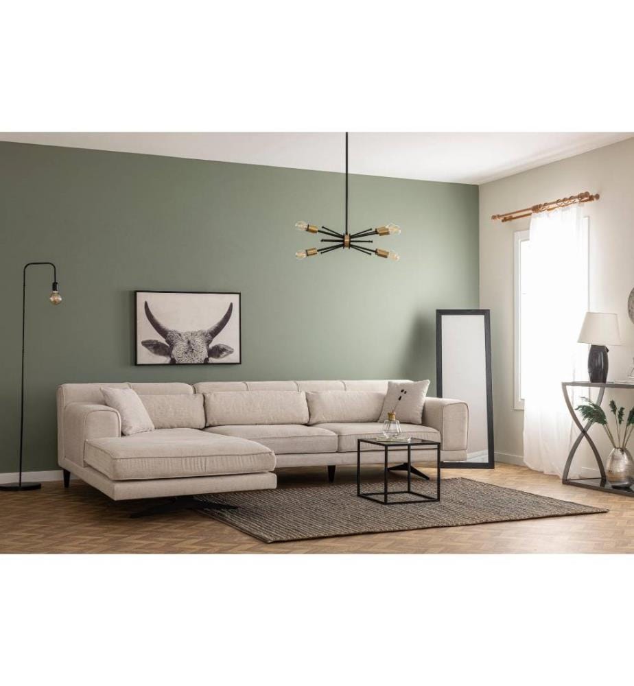 Canapé d'angle, beige, bois de hêtre - cadre en aggloméré, tissu polyester