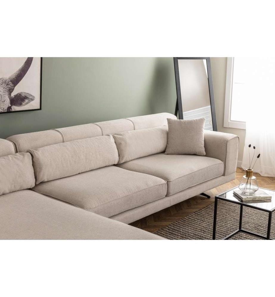 Canapé d'angle, beige, bois de hêtre - cadre en aggloméré, tissu polyester
