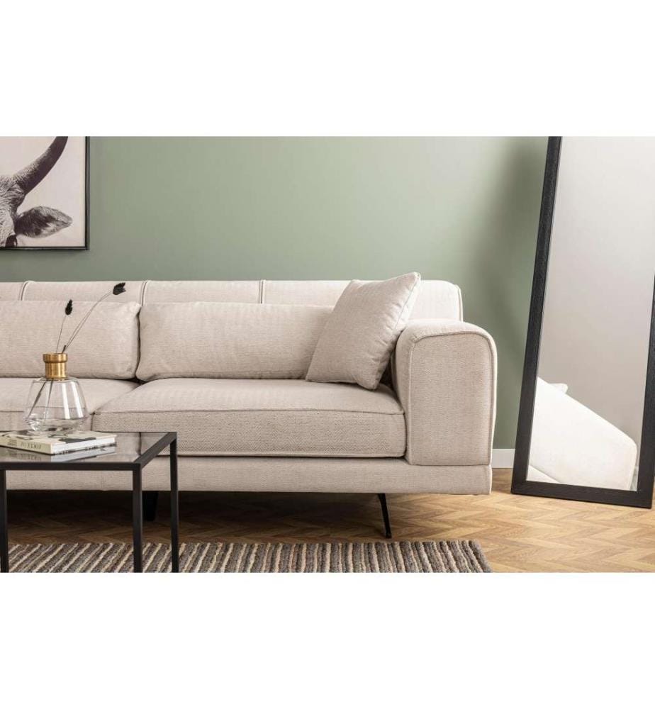 Canapé d'angle, beige, bois de hêtre - cadre en aggloméré, tissu polyester