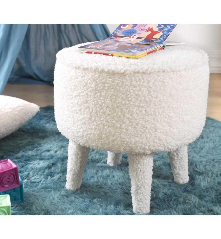 Pouffe, White, Faux Fur, Wooden Legs