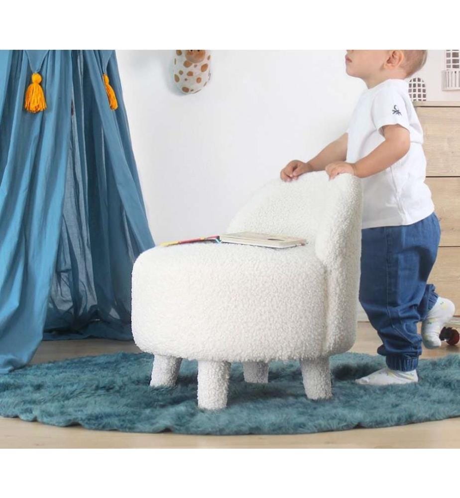 Pouffe, White, Faux Fur, Wooden Legs