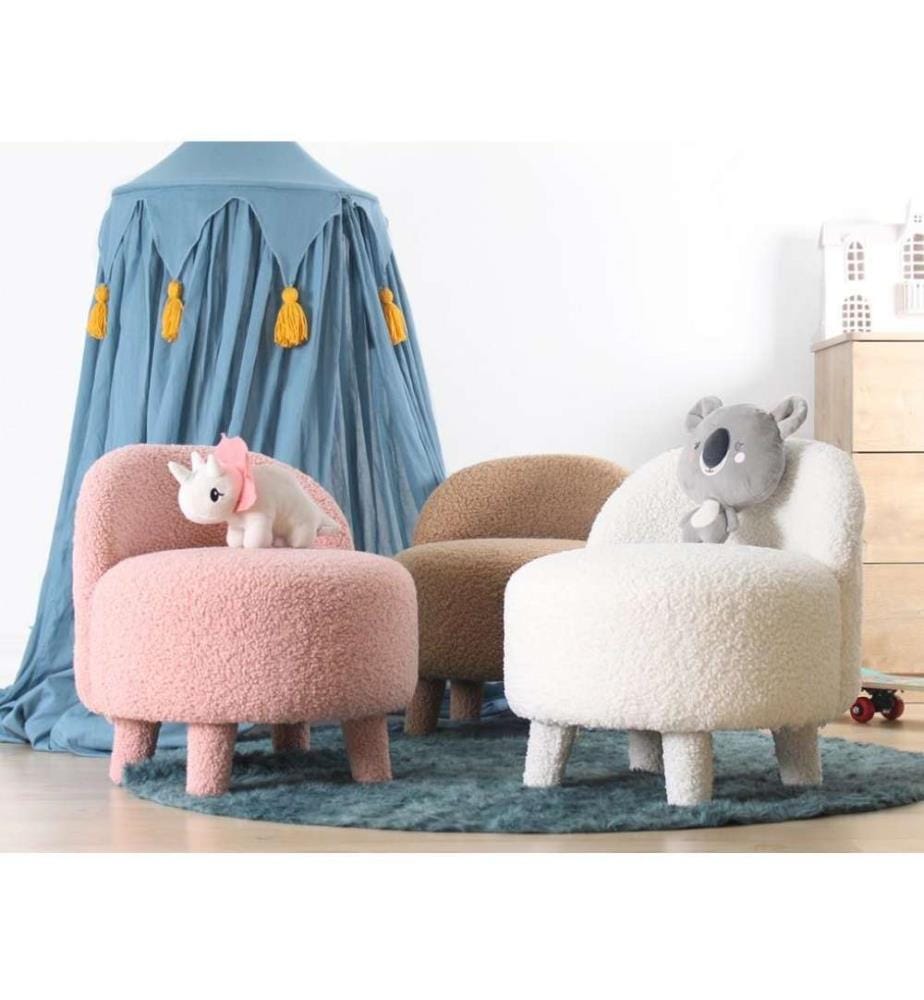 Pouffe, White, Faux Fur, Wooden Legs