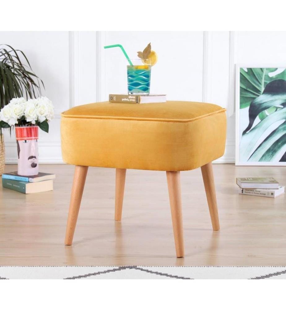 Pouffe, Yellow, Velvet, Wooden Legs
