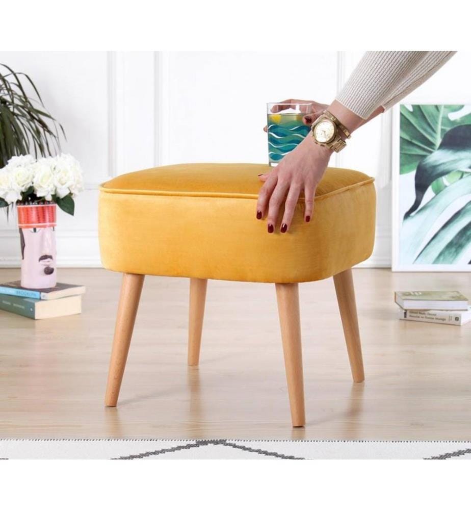 Pouffe, Yellow, Velvet, Wooden Legs
