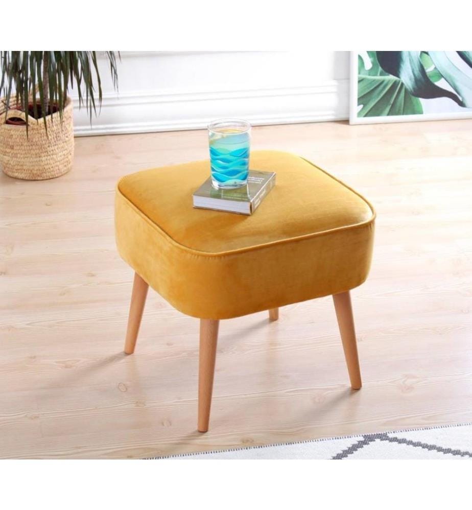 Pouffe, Yellow, Velvet, Wooden Legs
