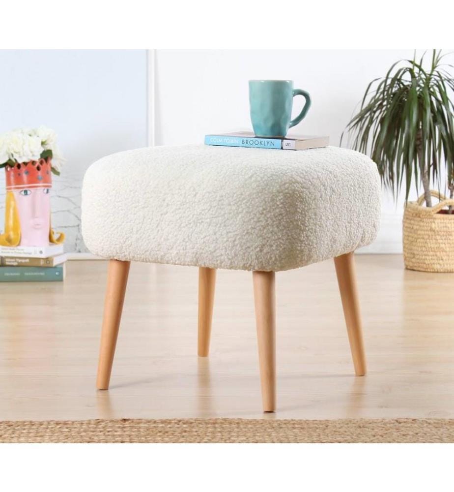 Pouffe, White, Faux Fur, Wooden Legs