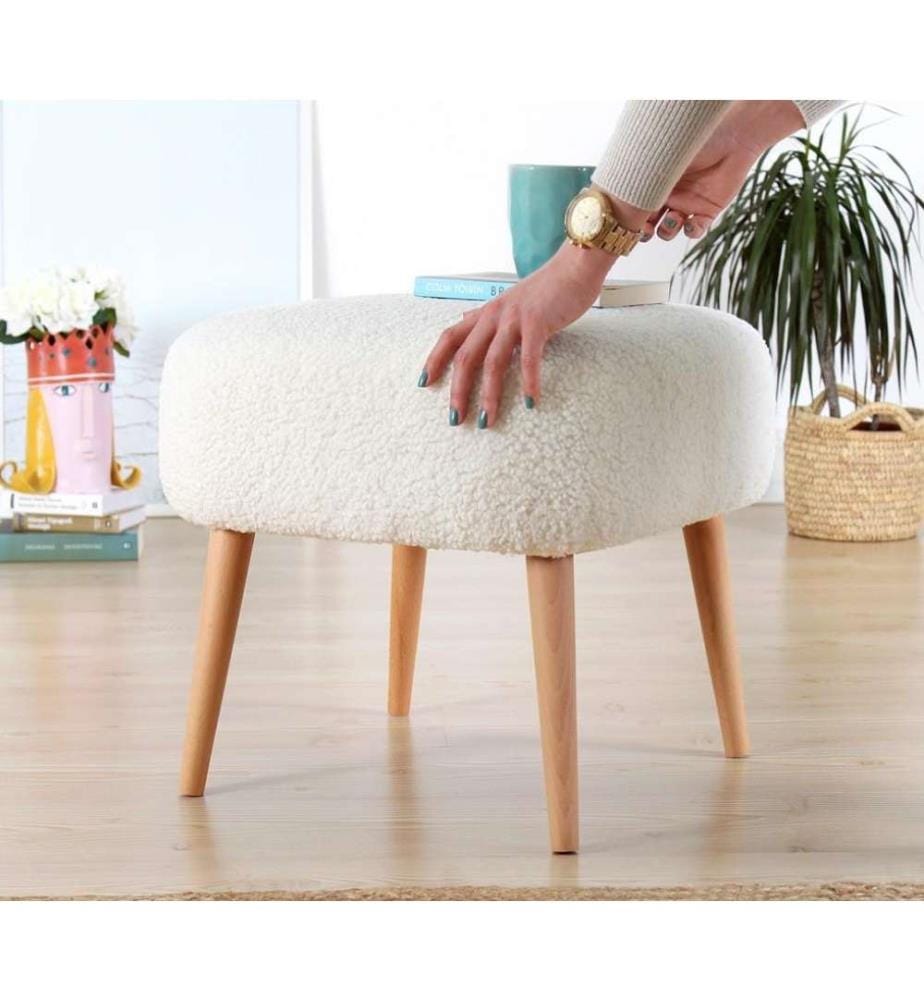 Pouffe, White, Faux Fur, Wooden Legs