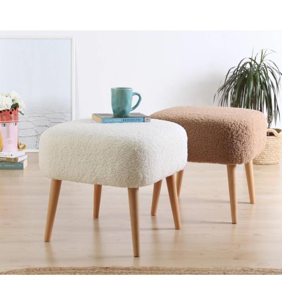Pouffe, White, Faux Fur, Wooden Legs